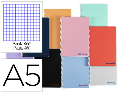 Cuaderno espiral Liderpapel Wonder A5 tapa plástico 80h 90g rayado nº46 colores surtidos